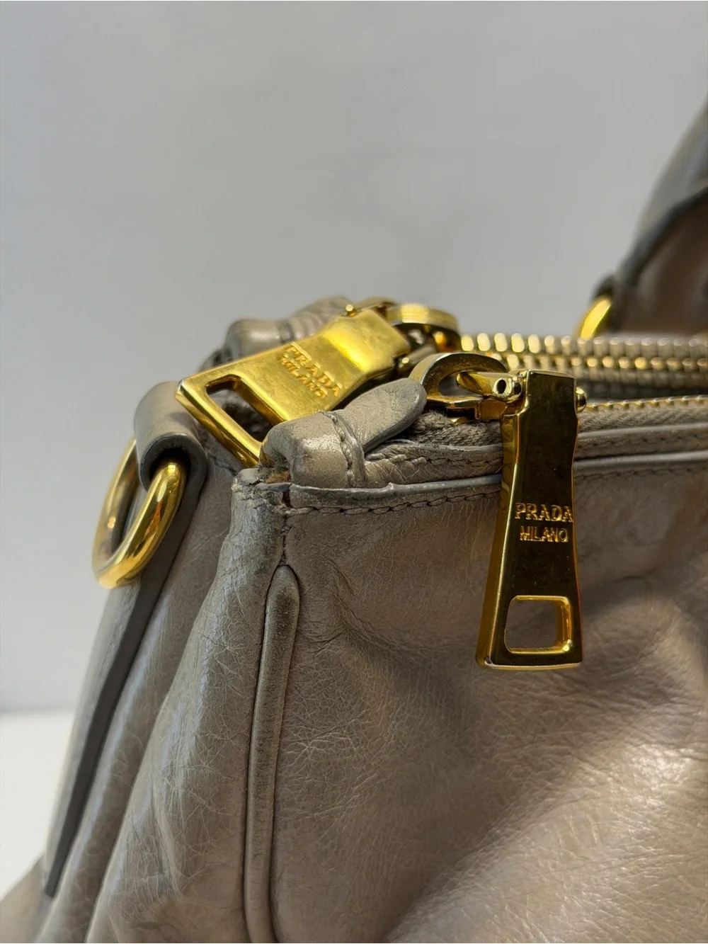Prada Metallic Taupe Leather Satchel with Gold Hardware